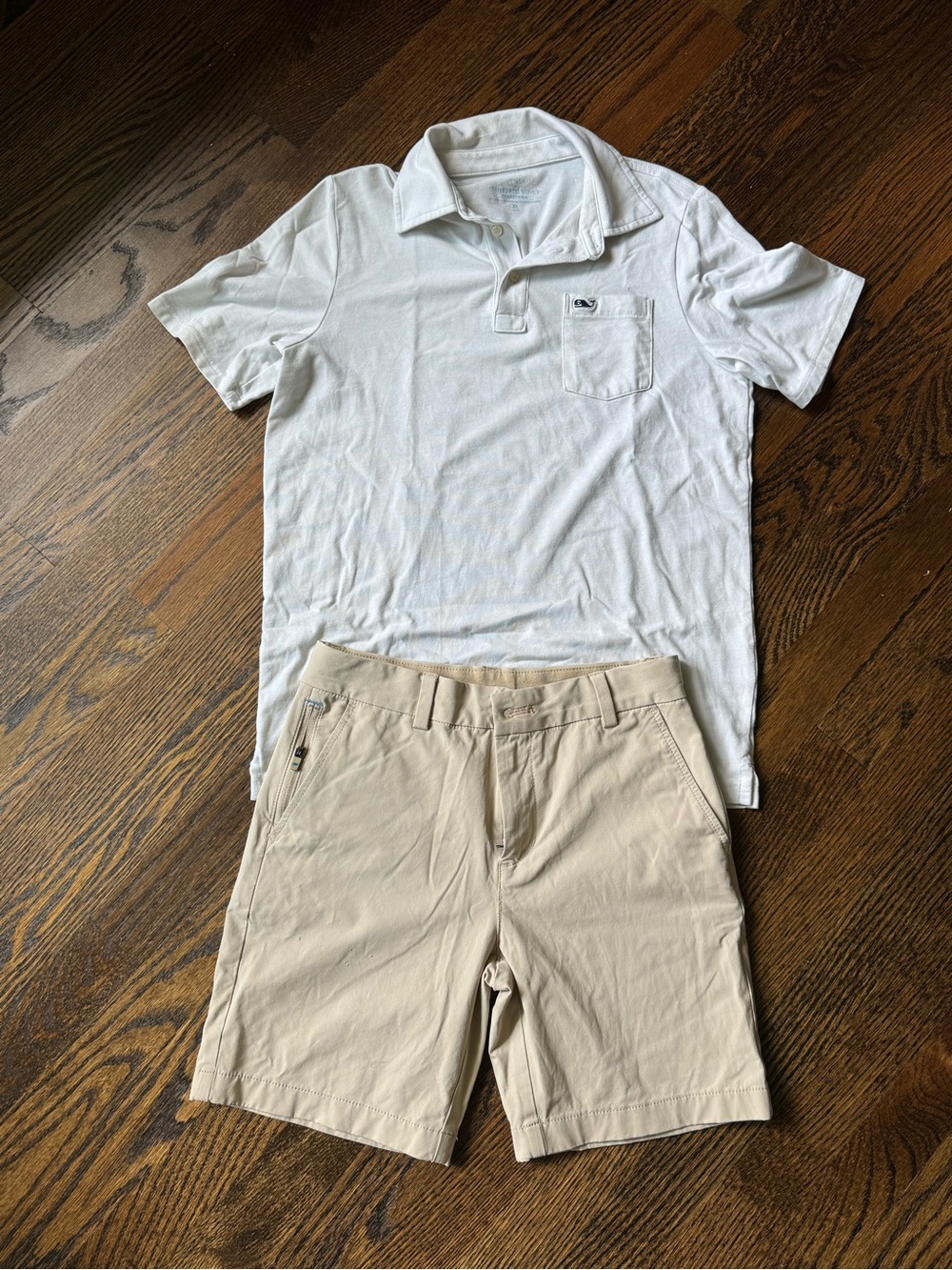 Vineyard Vines Kid’s White Polo Shirt w/ Chest Pocket & Khaki Performance Shorts